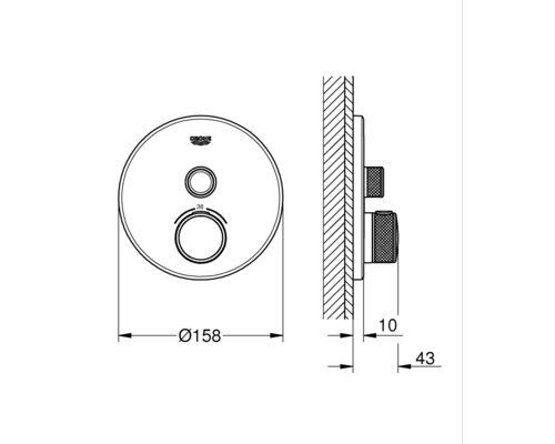 Technische Zeichnung einer Grohe Duscharmatur mit Maßangaben