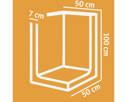 Abbildung einer Duschkabine mit den Maßen 50 cm x 50 cm x 100 cm und einer Profilbreite von 7 cm.
