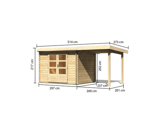 Gartenhaus mit Anbau und Maßangaben