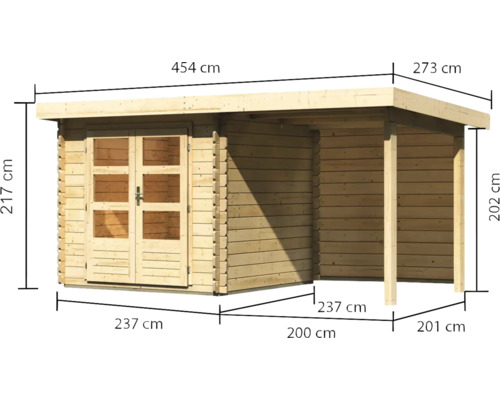 Abmessungen eines Gartenhauses aus Holz mit Doppeltür