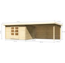 Illustration eines Gartenhauses aus Holz mit Maßangaben.