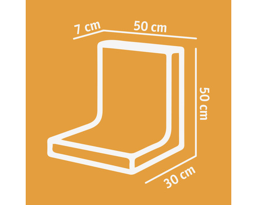 Abmessungsskizze eines Sitzkissens mit Rückenlehne und den Maßen 50 x 50 x 30 x 7 cm