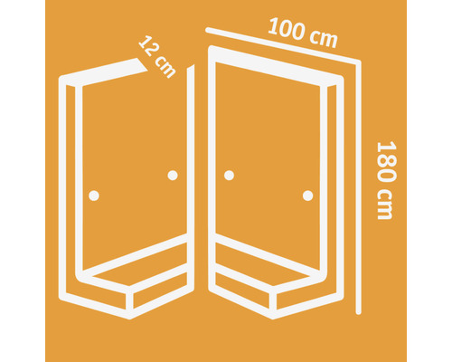 Technische Zeichnung einer Duschkabine mit Maßangaben: 12 cm, 100 cm und 180 cm