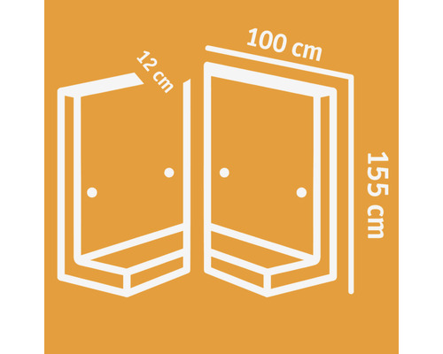 Abmessungen einer Duschkabine: 12 cm, 100 cm und 155 cm