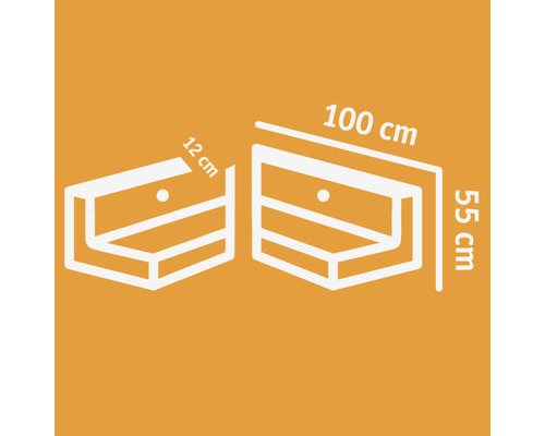 Technische Zeichnung eines Schubladenelements mit den Maßen 100 cm, 55 cm und 12 cm.