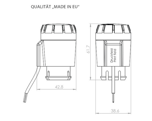 Technische Zeichnung eines Thermostats mit Maßangaben