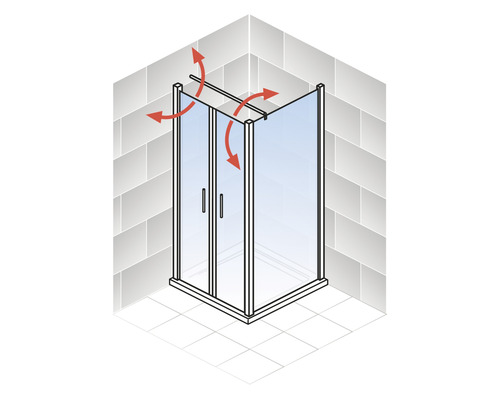 Eckdusche mit flexiblen Schwenkbereichen in einem Badezimmer