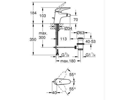Technische Zeichnung eines Wasserhahns mit Maßangaben
