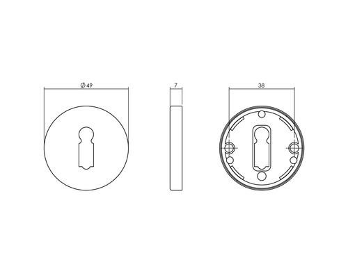 Technische Zeichnung eines Türschlosses mit den Maßen 49, 7 und 38 Millimeter.