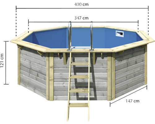 Aufstellpool mit Holzverkleidung und Leiter, mit Maßangaben zu Höhe und Breite