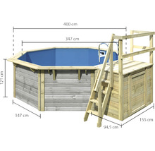 Aufstellpool aus Holz mit Leiter und den Maßen 400 mal 347 mal 121 Zentimeter