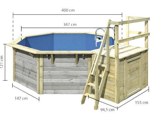 Aufstellpool aus Holz mit Leiter und den Maßen 400 mal 347 mal 121 Zentimeter