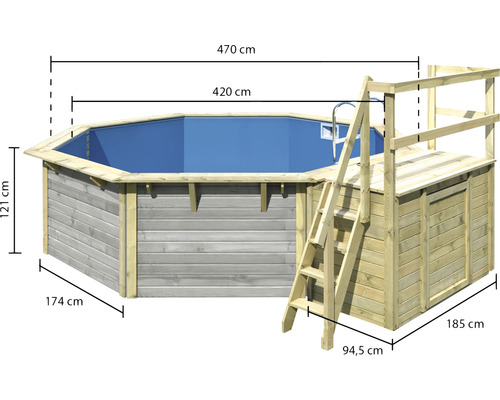 Abmessungen des Holzpools mit Leiter und Plattform