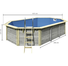 Aufstellpool mit Holzverkleidung, Leiter und den Massen 633 cm, 356 cm und 121 cm.
