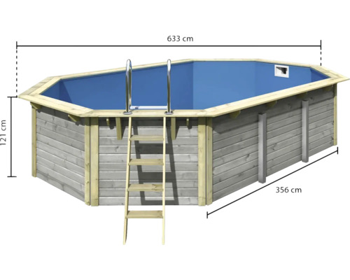 Aufstellpool mit Holzverkleidung, Leiter und den Massen 633 cm, 356 cm und 121 cm.