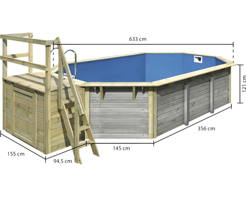 Aufstellpool aus Holz mit Leiter und den Maßangaben
