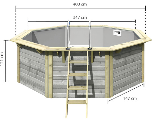 Achteckiger Holzpool mit Leiter und den Maßen 400, 347, 147 und 121 Zentimeter
