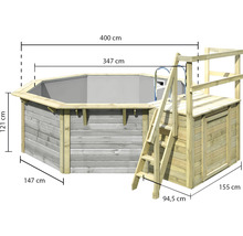 Aufstellpool aus Holz mit Leiter und den Maßen 400 mal 347 mal 121 Zentimeter