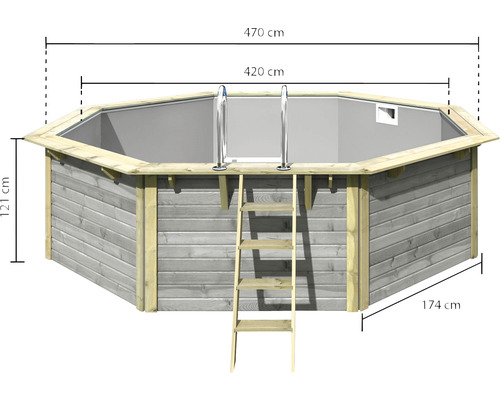 Achteckiger Holzpool mit Leiter und den Maßen 470 cm Länge, 420 cm Breite und 121 cm Höhe