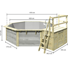 Achteckiger Holzpool mit Leiter und Plattform sowie Maßangaben
