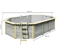 Aufstellpool mit Leiter und Maßangaben: 633 cm Länge, 356 cm Breite und 121 cm Höhe
