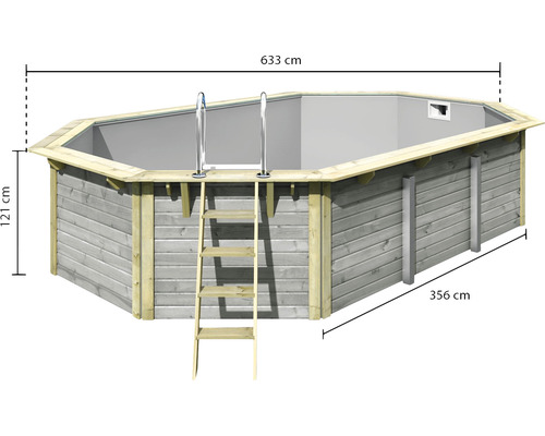 Aufstellpool mit Leiter und Maßangaben: 633 cm Länge, 356 cm Breite und 121 cm Höhe