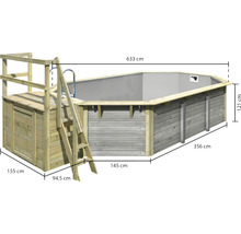 Aufstellpool mit Holzverkleidung, Treppe und den Maßen 633 cm Länge, 356 cm Breite und 121 cm Höhe