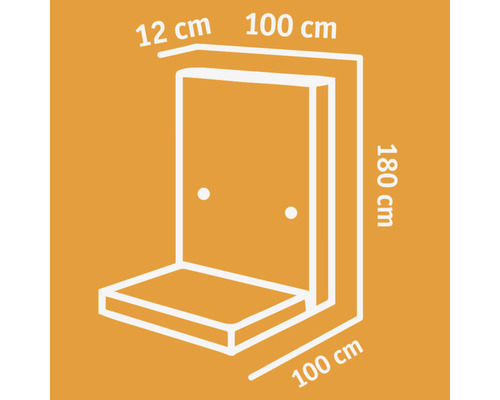 Skizze einer Duschkabine mit Maßangaben: 12 cm, 100 cm und 180 cm.