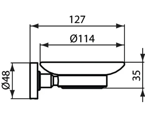 Technische Zeichnung einer Seifenschale mit den Maßen Durchmesser 48, Durchmesser 114, 35 und 127