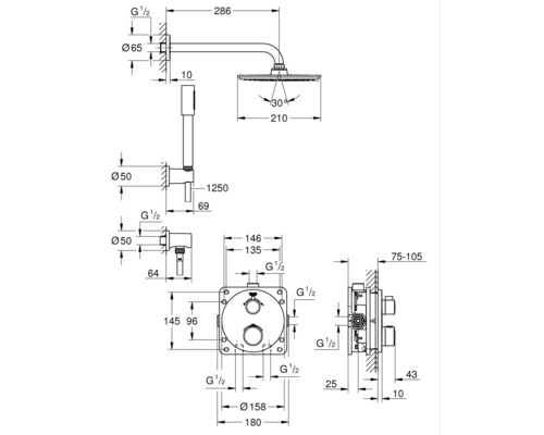 Technische Zeichnung eines Duschsystems mit Kopfbrause, Handbrause und Thermostat inklusive Maßen.