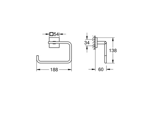 Technische Zeichnung eines Toilettenpapierhalters mit Maßangaben