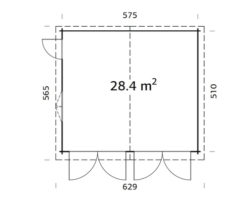 Grundrisszeichnung eines Gartenhauses mit den Maßen 575 x 510 x 629 und einer Fläche von 28.4 Quadratmetern.