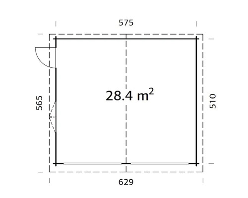 Grundriss eines Gartenhauses mit den Maßen 575 mal 510 Zentimeter und einer Fläche von 28.4 Quadratmetern