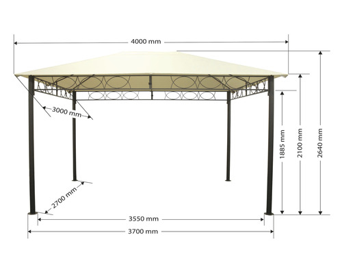Abmessungen eines Pavillons mit Angaben zu Länge, Breite und Höhe