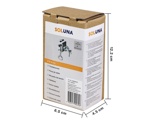 Soluna Tischklemme in Originalverpackung mit Größenangaben