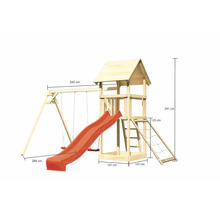 Spielturm mit Schaukel und Rutsche aus Holz mit Maßangaben