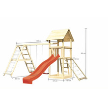 Spielturm mit Schaukel, Rutsche und Kletterelementen aus Holz mit Maßangaben