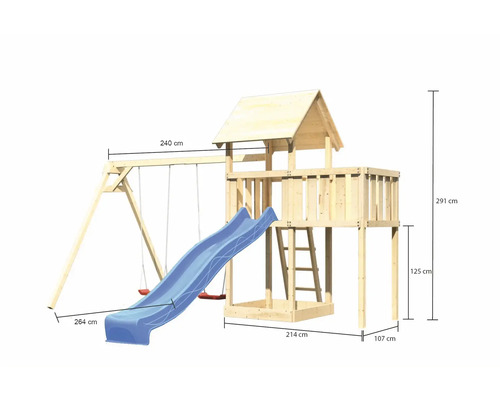 Spielturm mit Schaukel und Rutsche mit Maßangaben