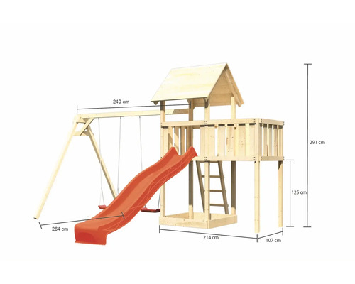 Spielturm aus Holz mit Schaukel und Rutsche, inklusive Maßangaben.