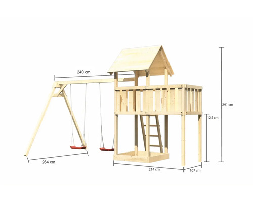 Holzspielturm mit Schaukel und den Maßen 240 cm mal 264 cm mal 291 cm