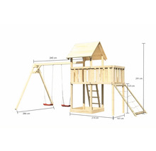 Spielturm aus Holz mit Schaukel und Kletterwand mit Maßangaben