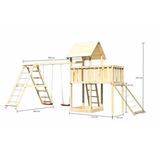 Holzspielturm mit Schaukel, Leiter und Sandkasten, Abmessungen sind dargestellt