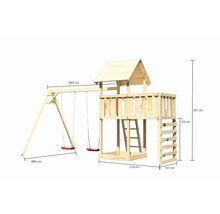 Spielturm mit Schaukel, Kletterwand und Leiter mit den Maßen 291 cm Höhe, 264 cm Breite und 214 cm Tiefe
