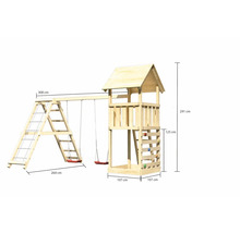 Holzspielturm mit Schaukel und Kletterwand, Abmessungen sind dargestellt