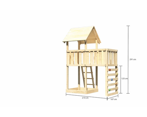Spielturm aus Holz mit Leiter und Kletterwand, Maße 214 x 107 x 291 cm