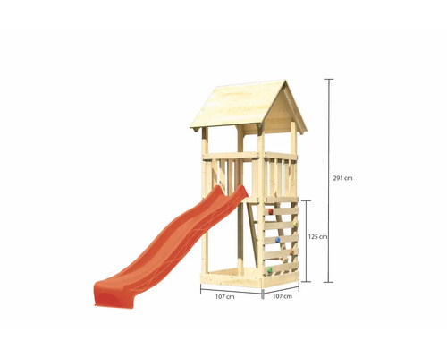 Spielturm aus Holz mit Rutsche und Kletterwand, Abmessungen 291 x 107 x 107 cm