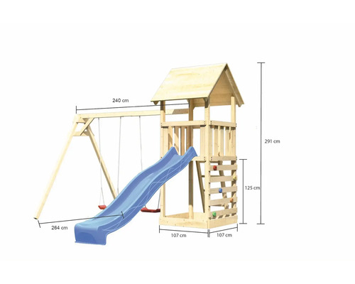 Spielturm aus Holz mit Schaukel und Rutsche, inklusive Maßangaben