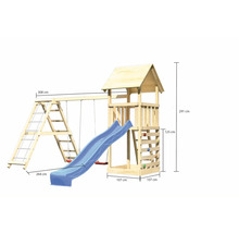 Holzspielturm mit Schaukel, Rutsche und Kletterwand mit Maßangaben