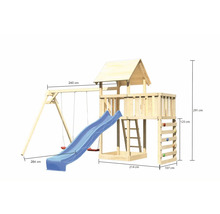 Spielturm aus Holz mit Schaukel, Rutsche und Kletterwand mit Größenangaben