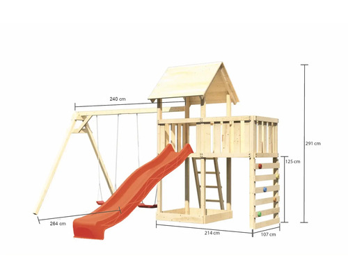 Spielturm aus Holz mit Schaukel, Rutsche und Kletterwand mit Maßangaben